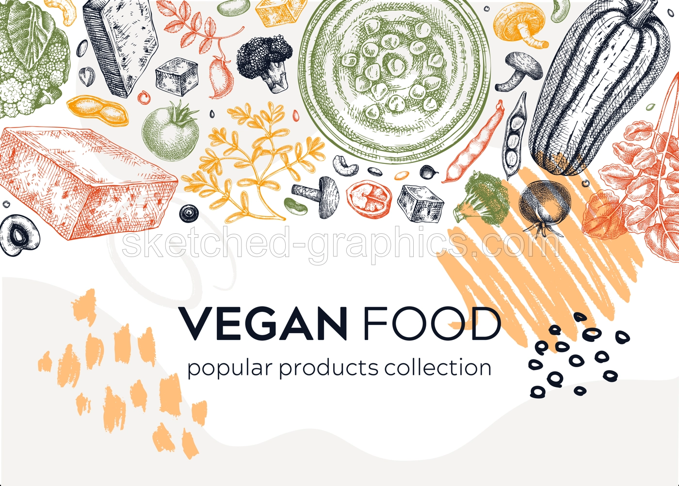 Vegan food collage style banner. Healthy food template. Middle eastern cuisine background. Hand-drawn vegan meals and ingredients for menu, recipe, and packaging design. Green food sketches in color Illustration